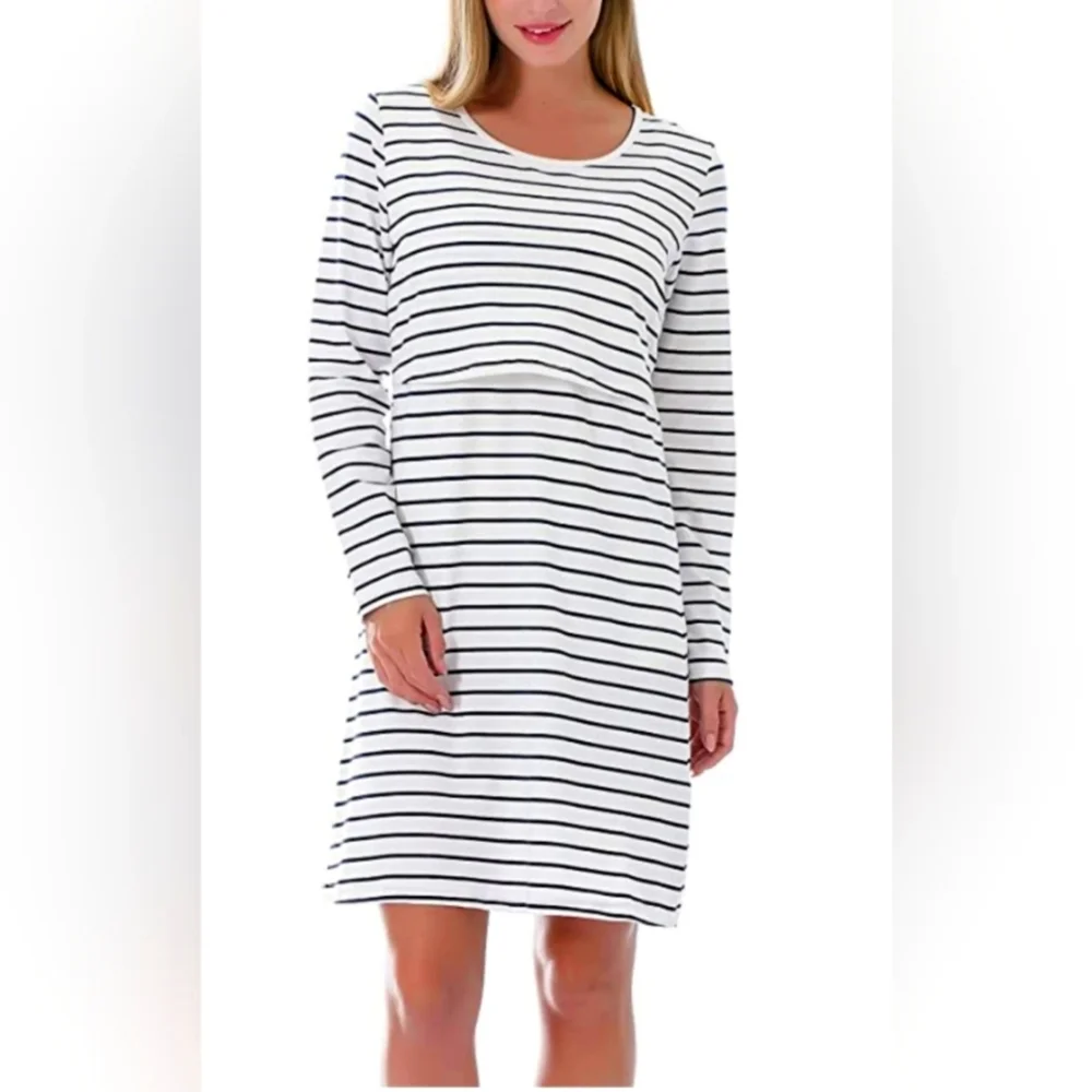 Maternity/Nursing, Size L, White & Navy Dress - Picture 1 of 5
